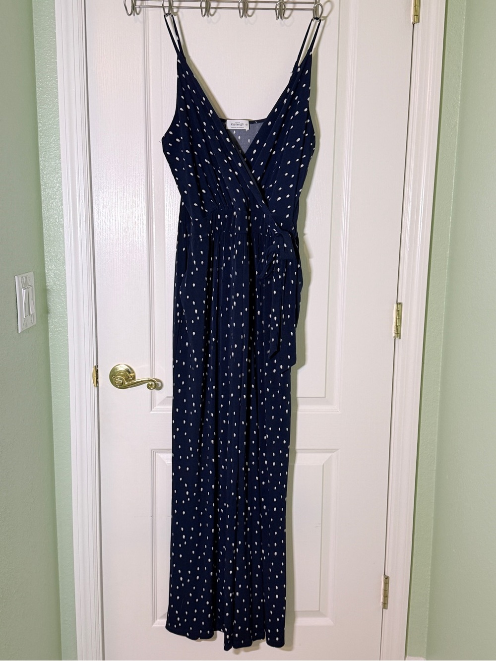 Polka Dot Navy Faux wrap romper with Tie Waist